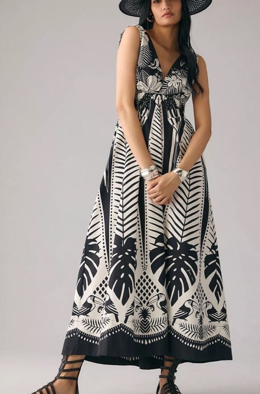 Farm Rio Macaw Elegance Black White Tropical Maxi Dress Cutout XL - Picture 1 of 11